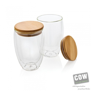 Afbeelding van relatiegeschenk:Dubbelwandig borosilicaatglas met bamboe deksel 350ml set